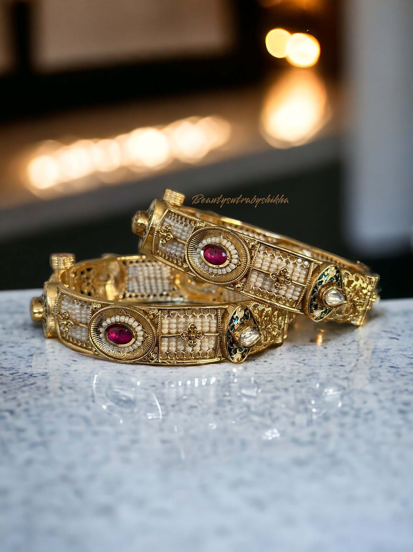 Antique Golden Polki Bangels with Enamel Work - Beauty Sutra by Shikha
