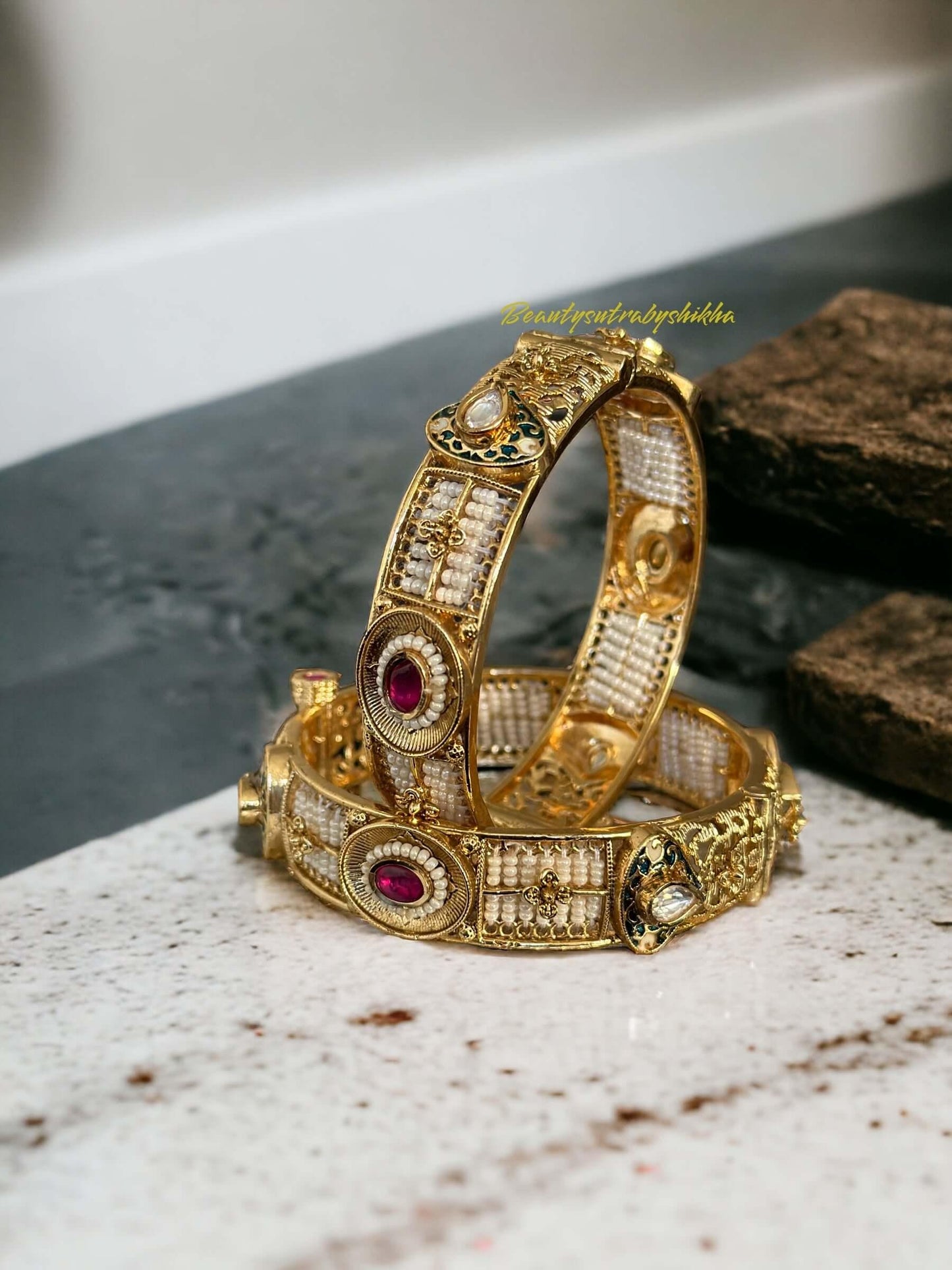 Antique Golden Polki Bangels with Enamel Work - BeautySutra by Shikha