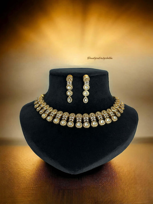Modern Gold plated and CZ diamonds necklace and earring set - BeautySutra by Shikha