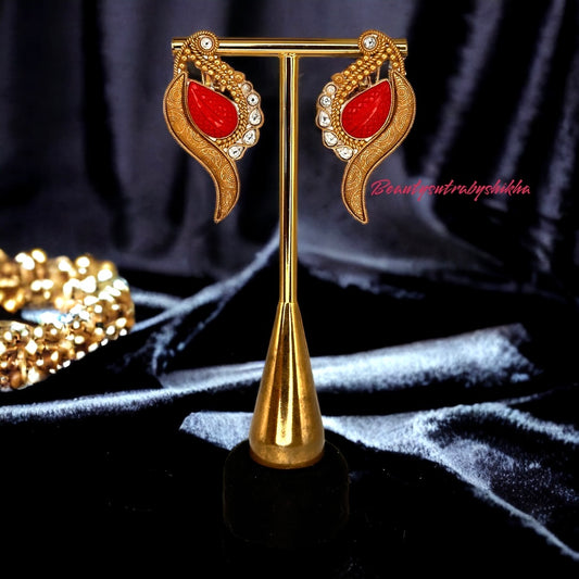 Antique gold wing-shaped earrings with coral red stone and crystal details - Perfect Valentine's Gift