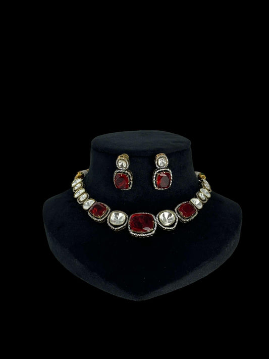 Polki & Red Doublet stones necklace and earring set - BeautySutra by Shikha