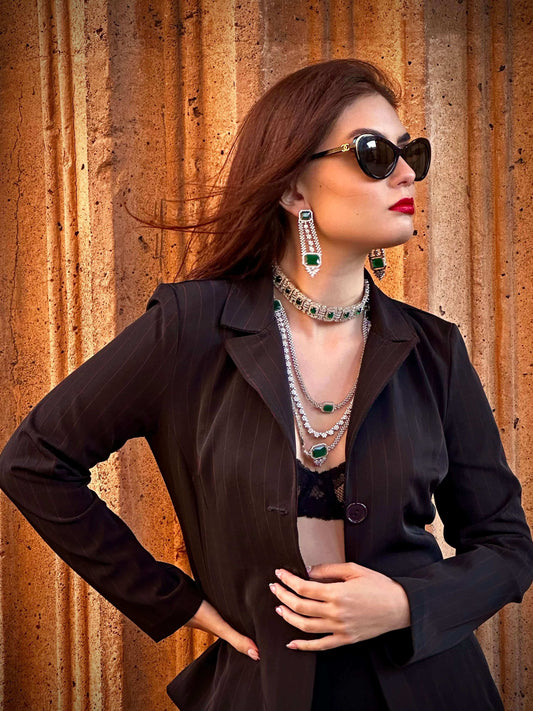 Multi-layered diamond and emerald necklace set - Beauty Sutra by Shikha