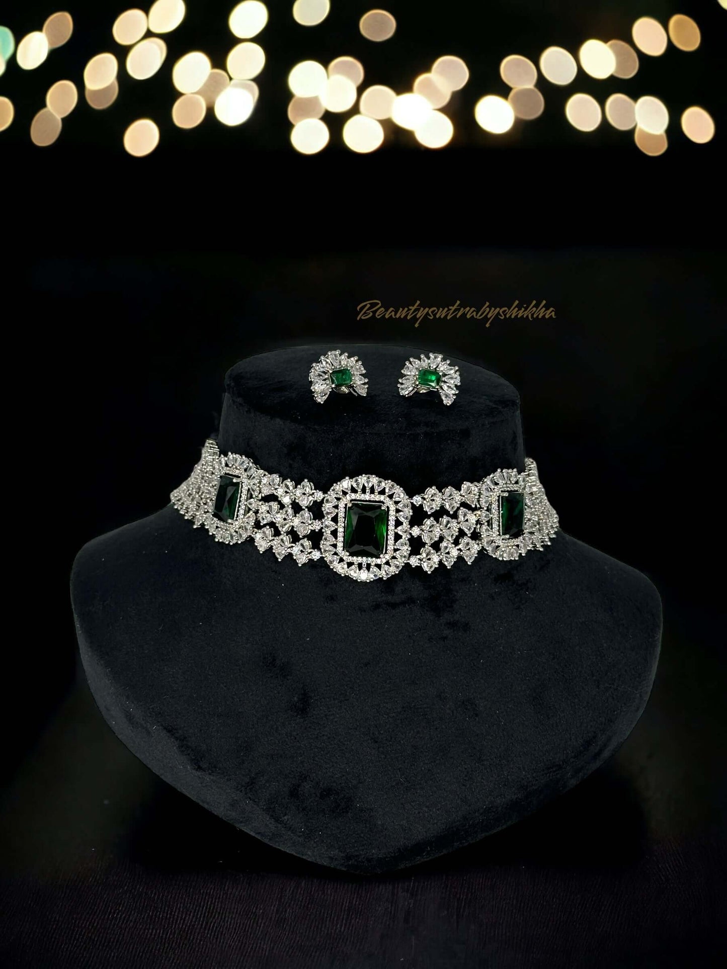 Diamond and emerald choker necklace set - Beauty Sutra by Shikha