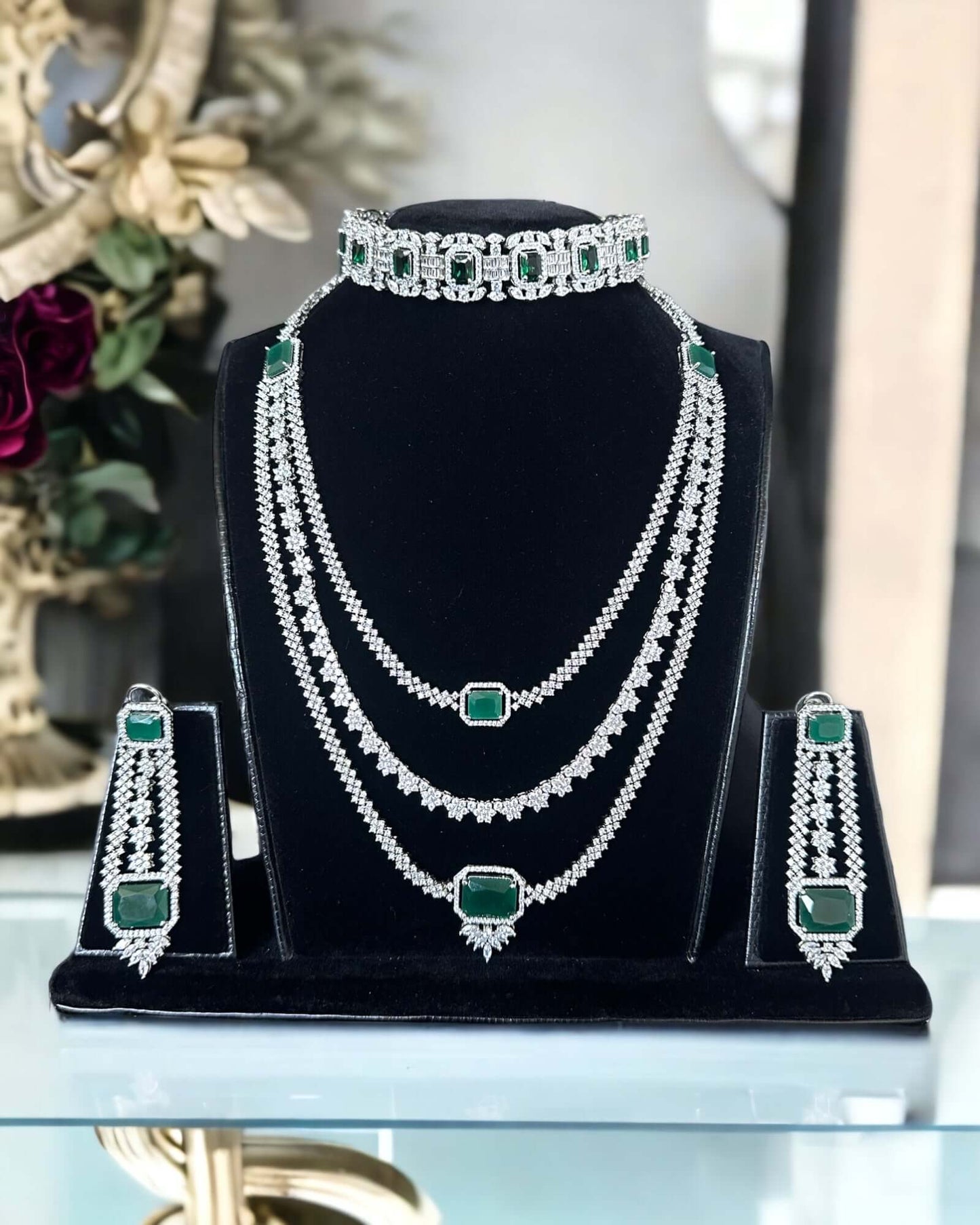 Multi-layered diamond and emerald necklace set - Beauty Sutra by Shikha