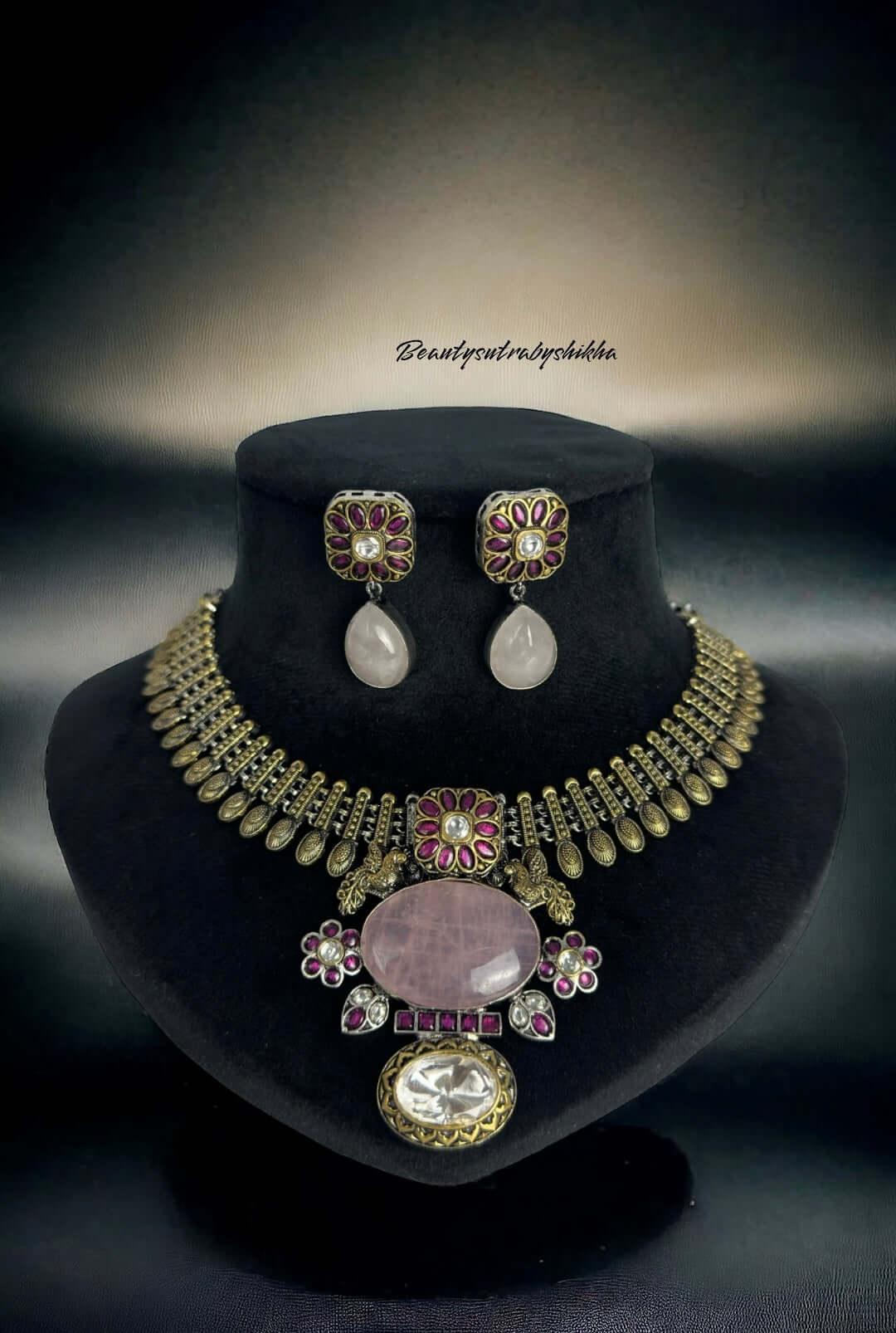 Vintage Pink Rose Quartz Choker Set | Oxidized Silver Statement - BeautySutra by Shikha
