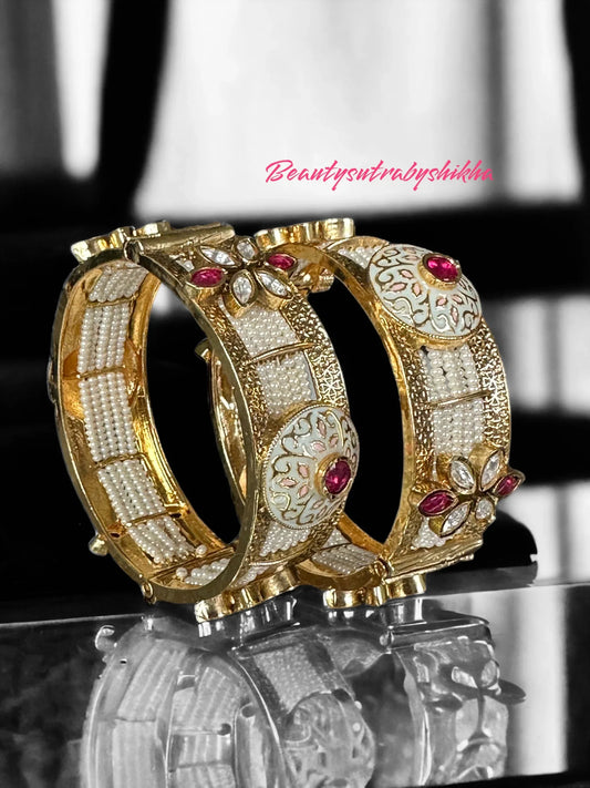 Exquisite Gold Plated Bangles with Pearls and Red Stones - BeautySutra by Shikha