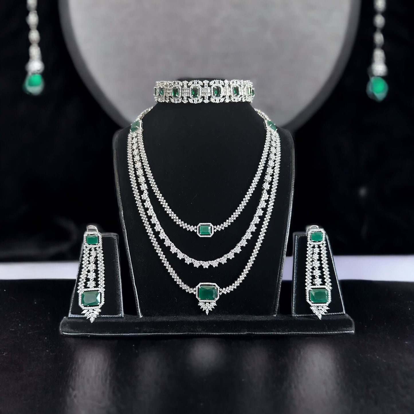 Multi-layered diamond and emerald necklace set - Beauty Sutra by Shikha
