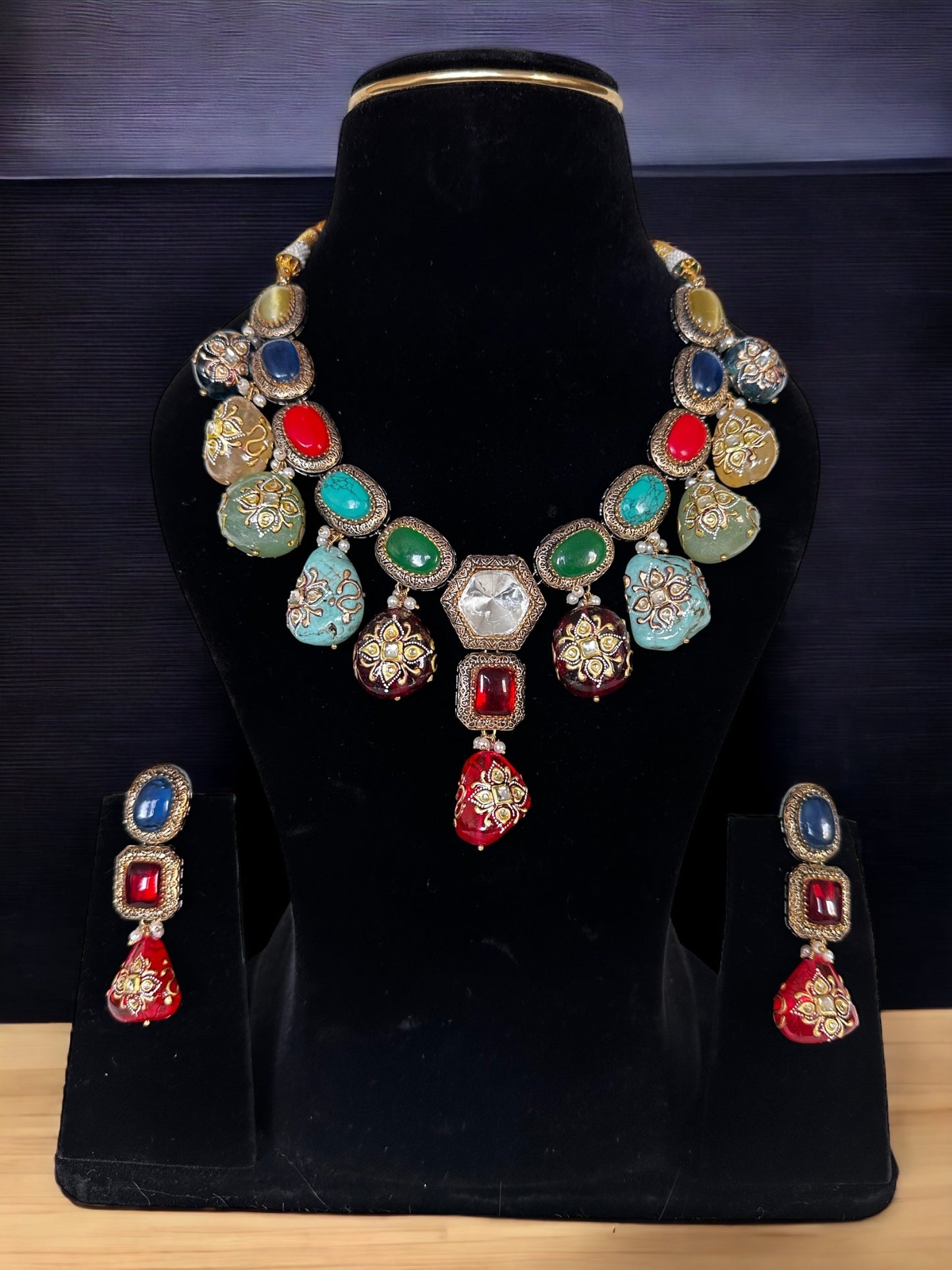 Multi-stone hand painted statement necklace - Beauty Sutra by Shikha