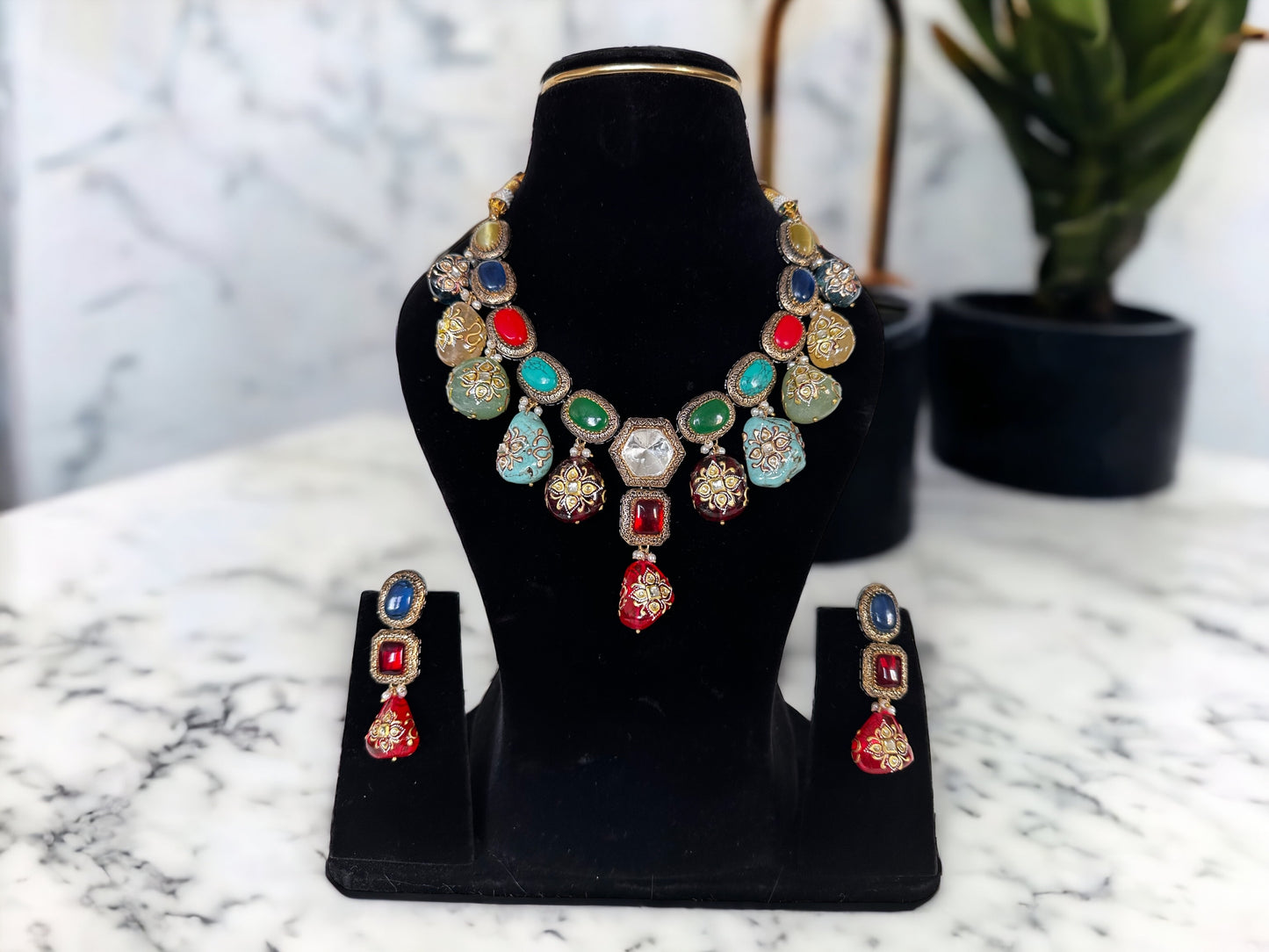 Multi-stone hand painted statement necklace - Beauty Sutra by Shikha