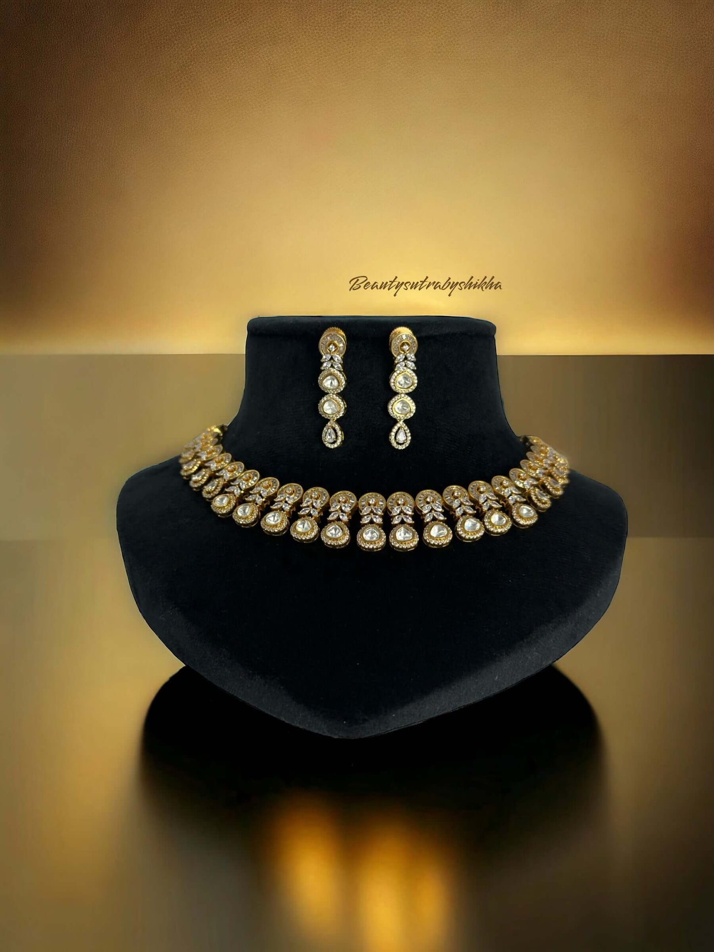 Modern Gold plated and CZ diamonds necklace and earring set - Beauty Sutra by Shikha