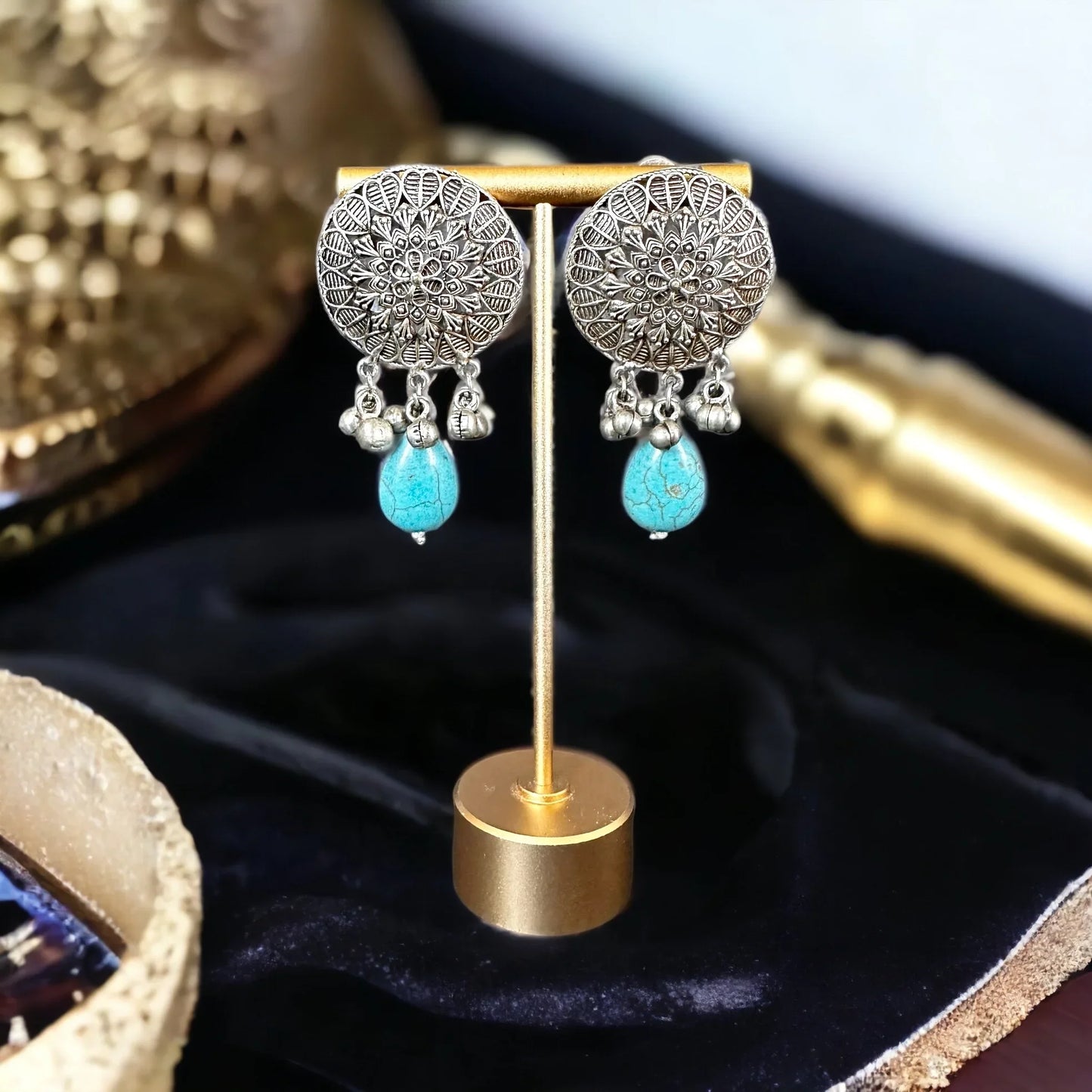 Silver look alike necklace set with Turquoise stones - BeautySutra by Shikha