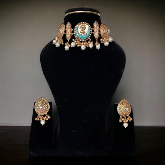 Gold and Turquoise choker set - BeautySutra by Shikha