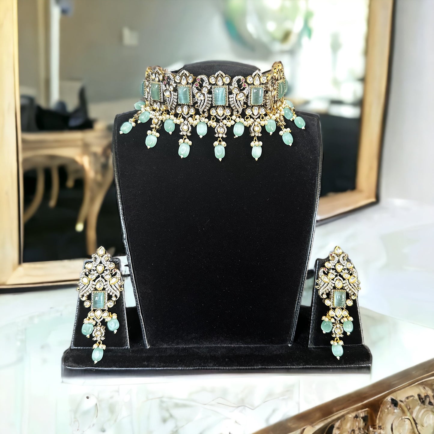 Victorian choker with diamonds and mint green stones - Beauty Sutra by Shikha