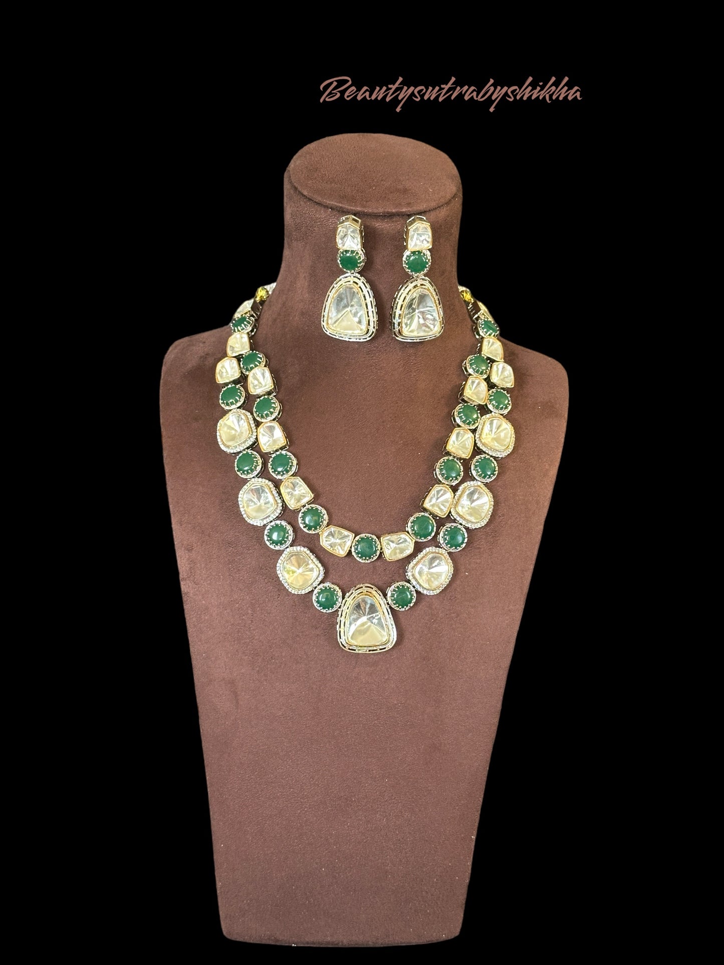 Green Uncut polki multi layered set - Beauty Sutra by Shikha