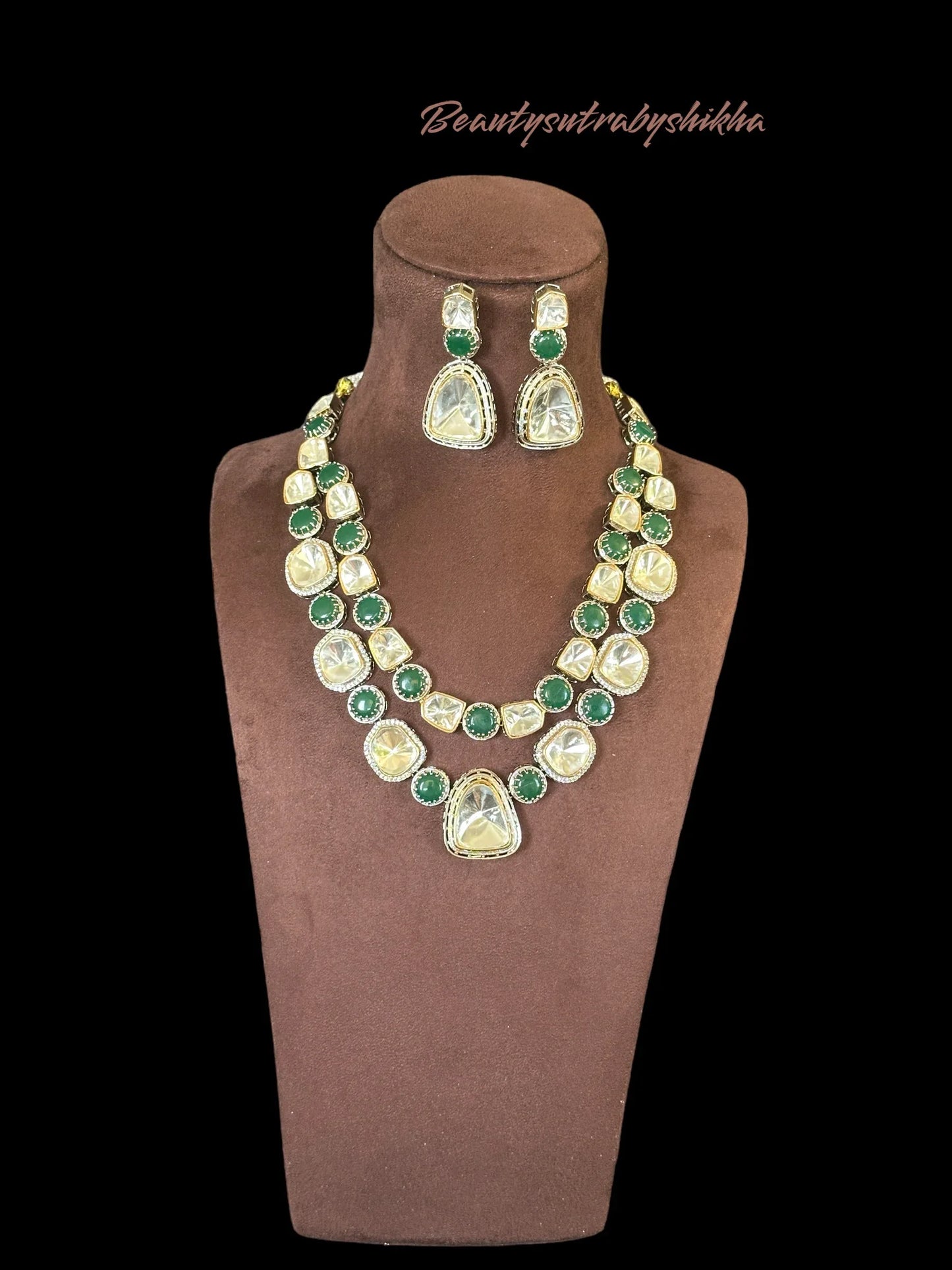 Green Uncut polki multi layered set - BeautySutra by Shikha