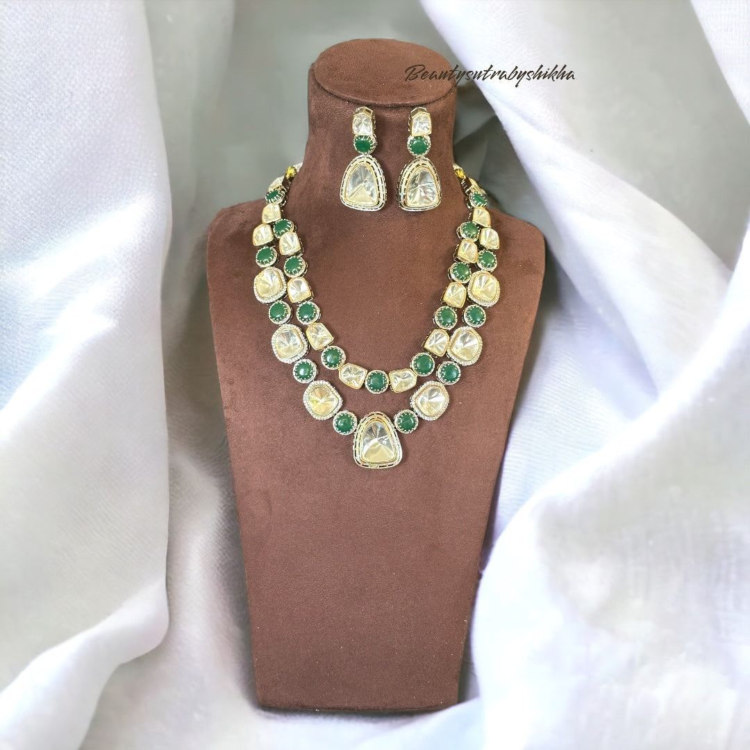 Green Uncut polki multi layered set - Beauty Sutra by Shikha