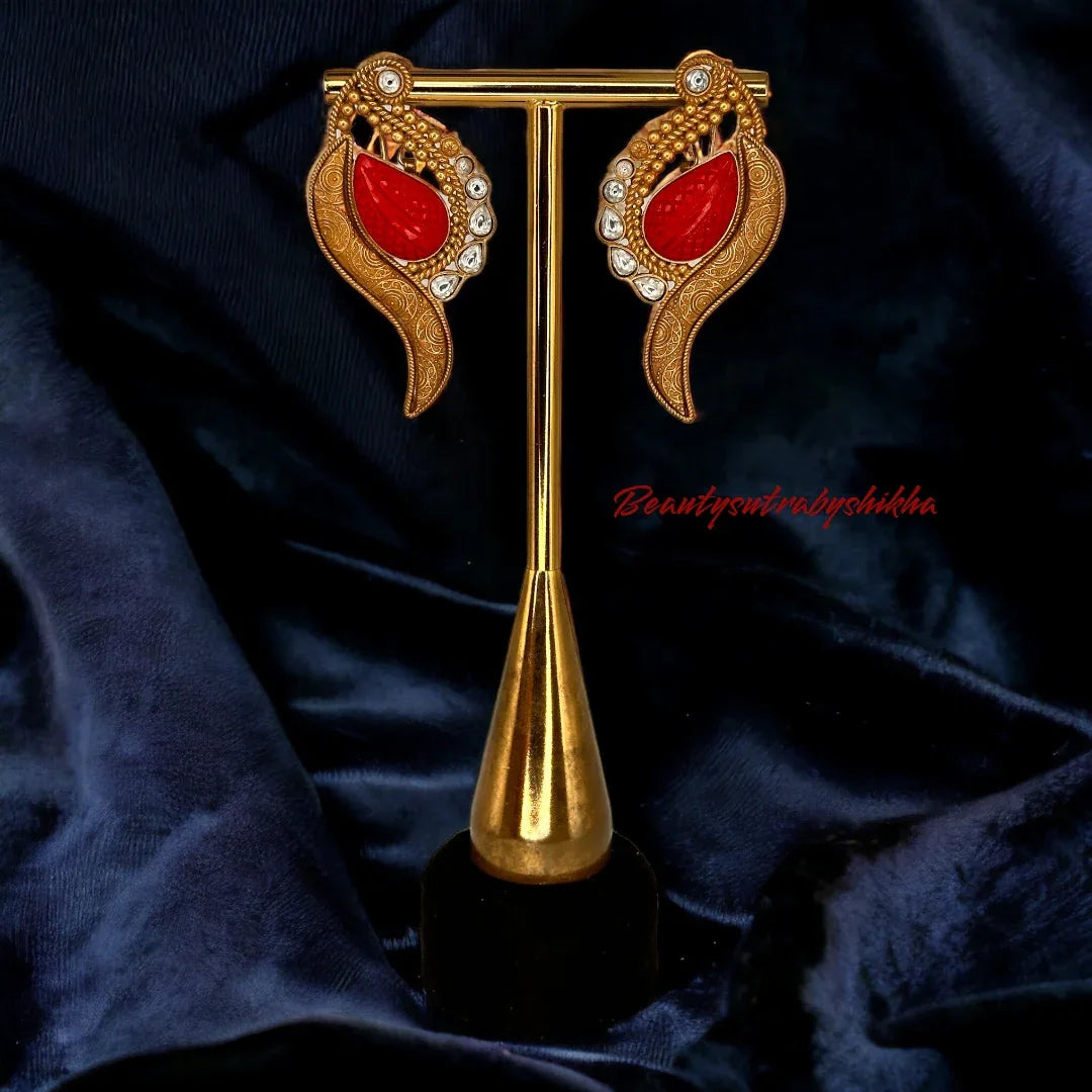 Wing-Shaped Coral Statement Earrings – Antique Gold Crystal Gift - BeautySutra by Shikha