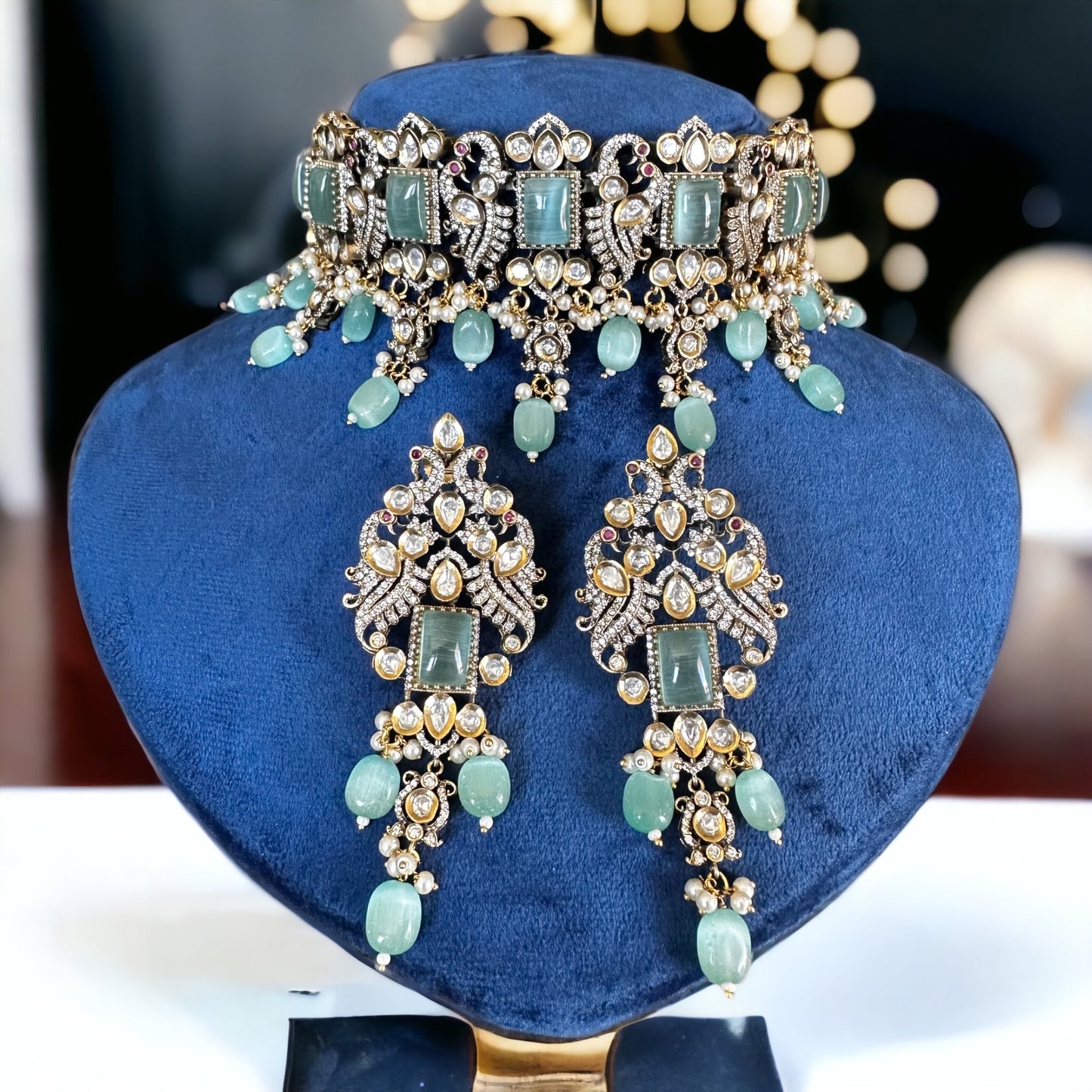 Victorian choker with diamonds and mint green stones - Beauty Sutra by Shikha