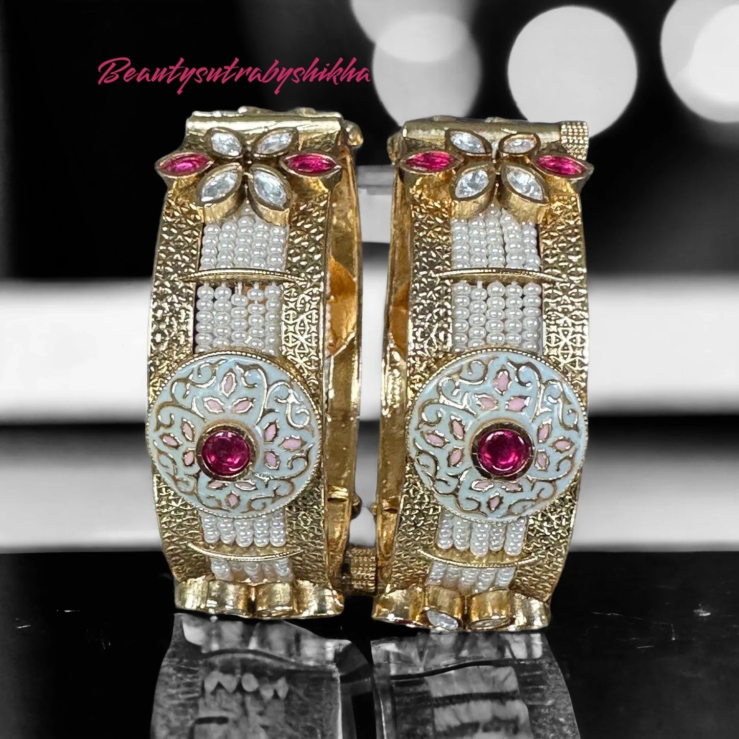 Exquisite Gold Plated Bangles with Pearls and Red Stones - BeautySutra by Shikha