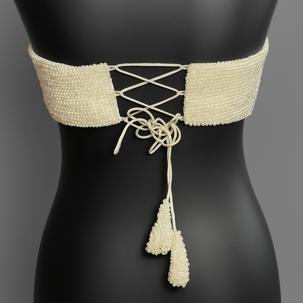 White beaded corset belt on a black mannequin against a gray background
