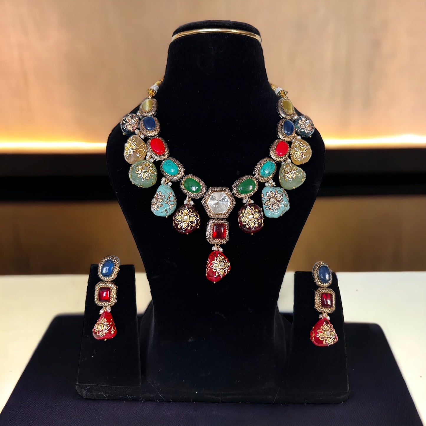 Multi-stone hand painted statement necklace - Beauty Sutra by Shikha