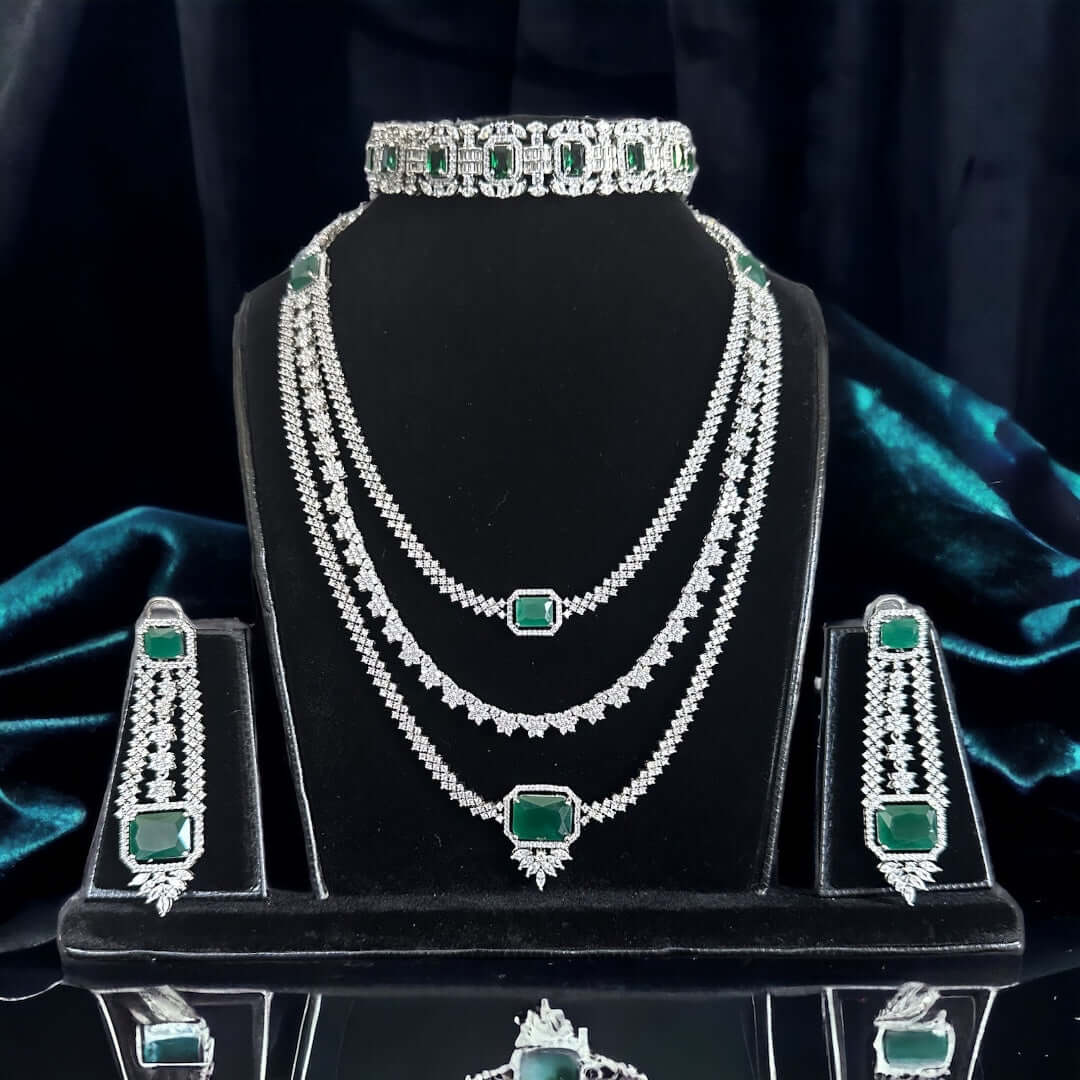 Multi-layered diamond and emerald necklace set - Beauty Sutra by Shikha