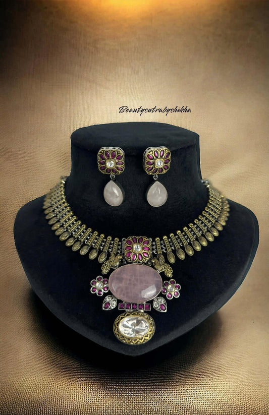 Vintage Pink Rose Quartz Choker Set | Oxidized Silver Statement - BeautySutra by Shikha