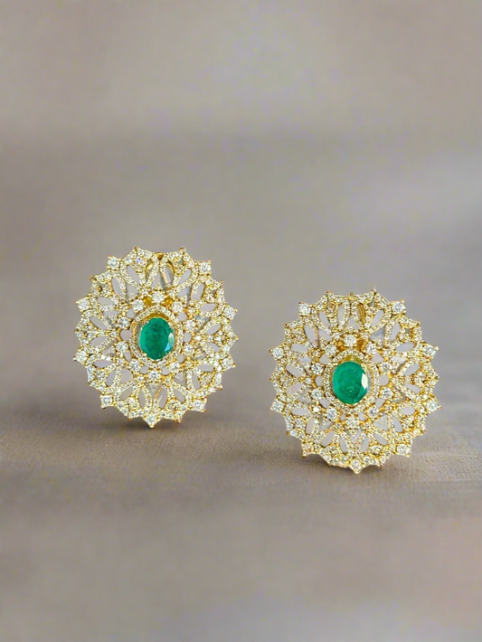 Gold filigree stud earrings with emerald center and diamond snowflake pattern - Valentine's Day Luxury Gift