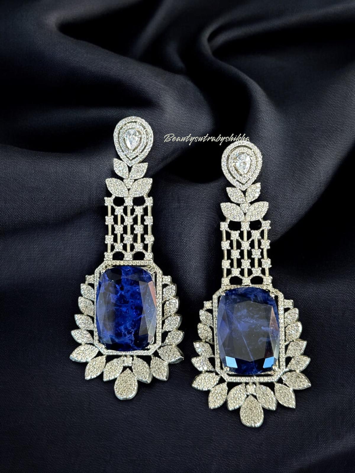 Elegant Blue Crystal Earrings, Rhodium-Plated Luxury for Her - BeautySutra by Shikha