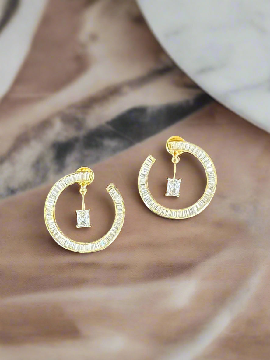 Gold circular earrings with baguette diamonds and crystal drops - Luxury Valentine's Day Gift
