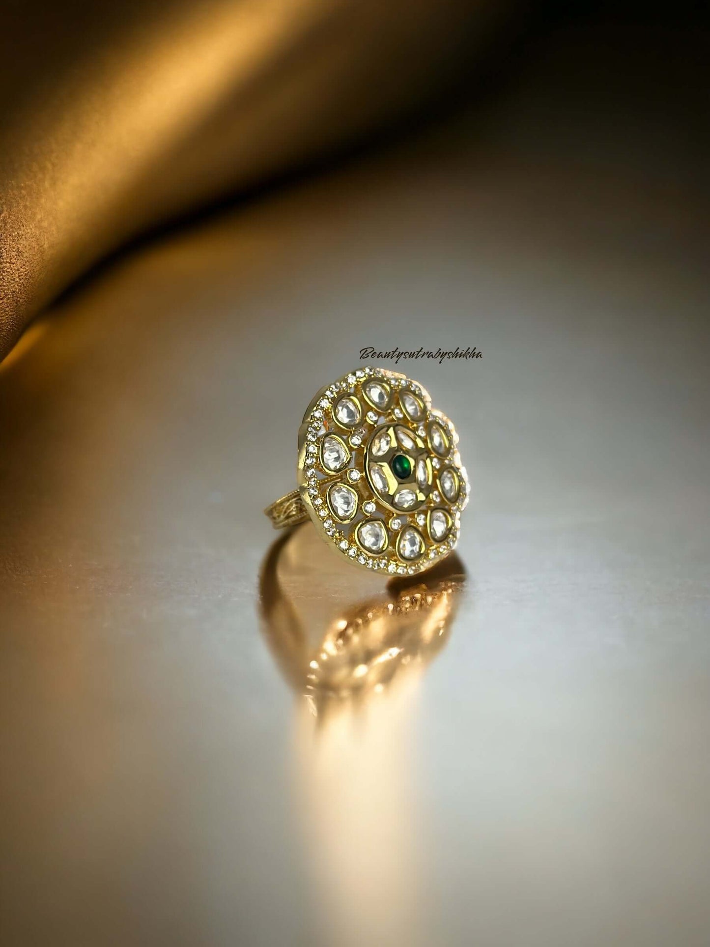 Handcrafted Kundan diamond ring with crystal stones in antique gold setting