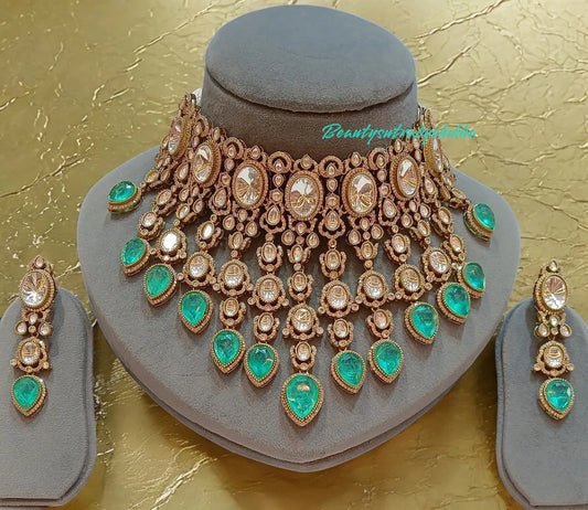 Emerald Polki Choker Necklace Set – Luxury Kundan Bridal Jewelry with Matching Earrings | BeautySutra by Shikha - BeautySutra by Shikha