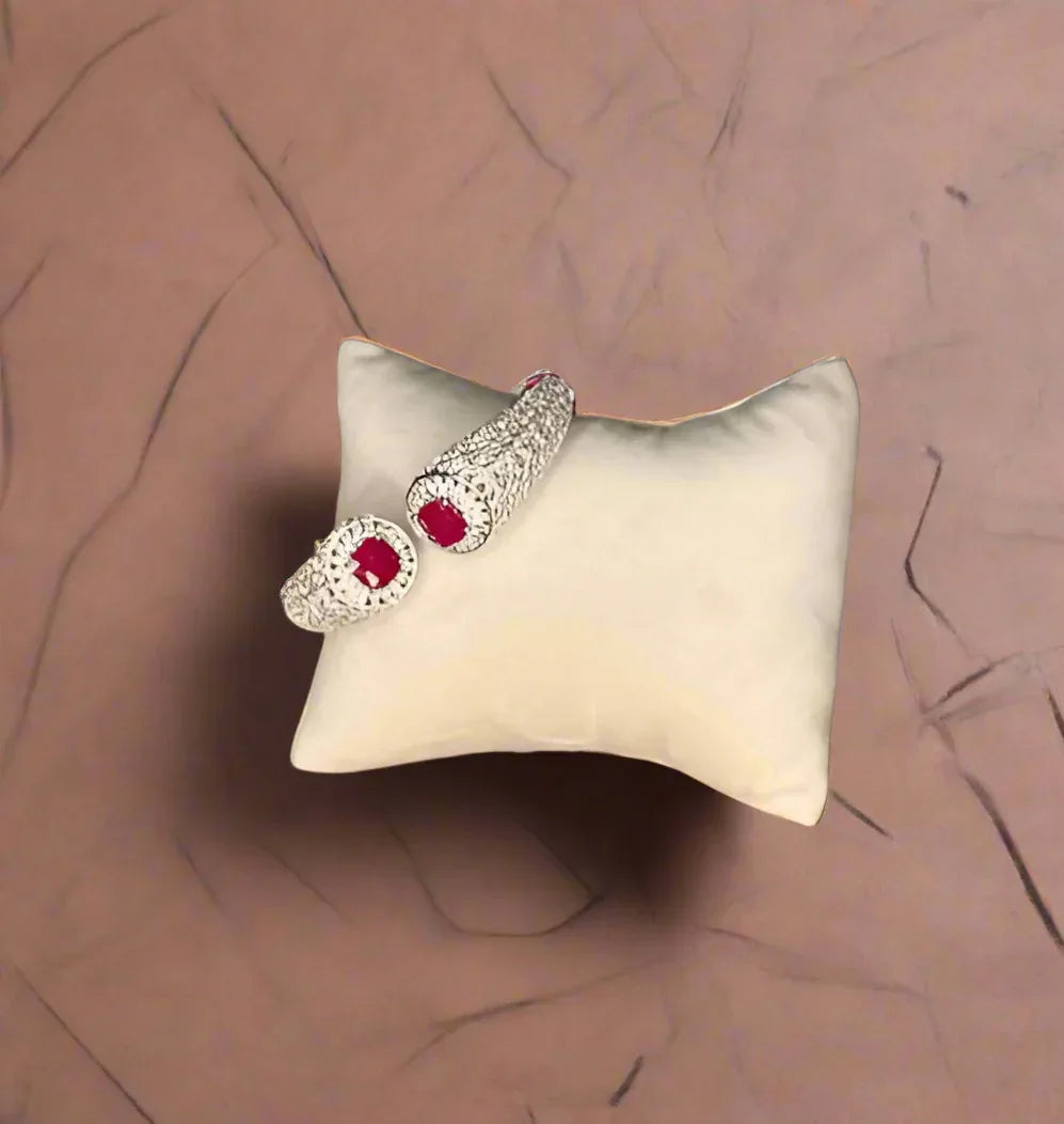 Ruby Studded Cuff Bracelet | Sterling Silver Look Adjustable Bangle | Elegant Bridal & Party Jewelry Gift for Her - BeautySutra by Shikha