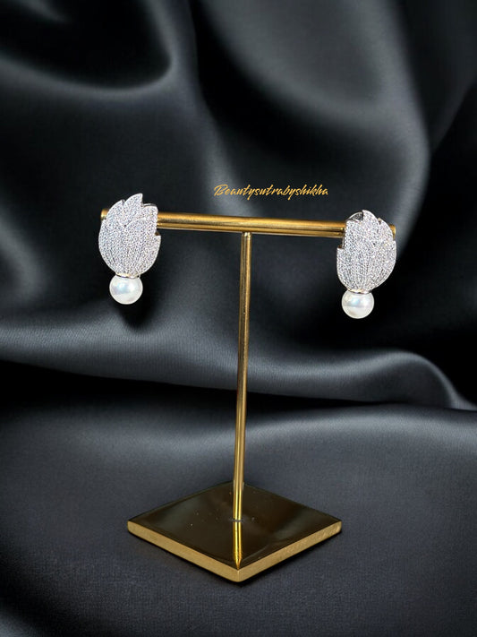 Elegant Leaf-Shaped CZ Diamond Earrings with Pearl Drop - Luxurious Jewelry by Beauty Sutra