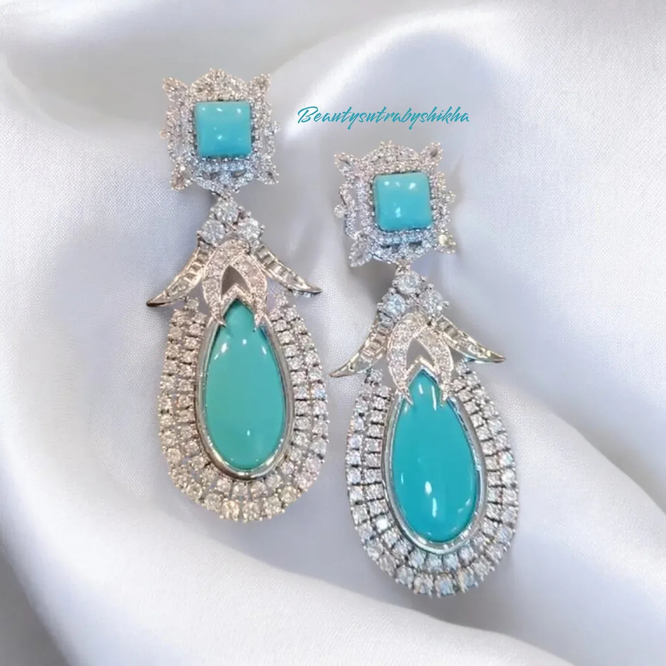 Turquoise Crystal Drop Earrings – Luxury Silver Dangle Earrings for Weddings & Special Occasions | BeautySutra by Shikha - BeautySutra by Shikha