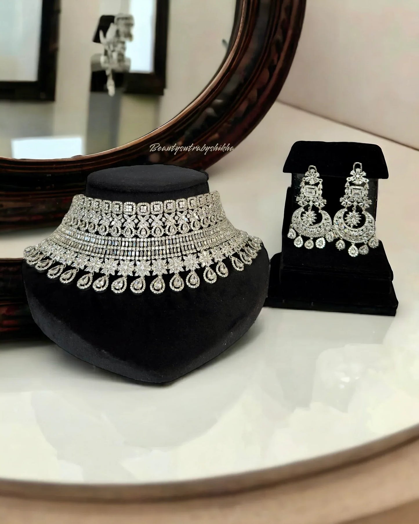 Luxury Silver Look Alike Choker & Earrings Set – Indian Bridal Jewelry | BeautySutra by Shikha - BeautySutra by Shikha