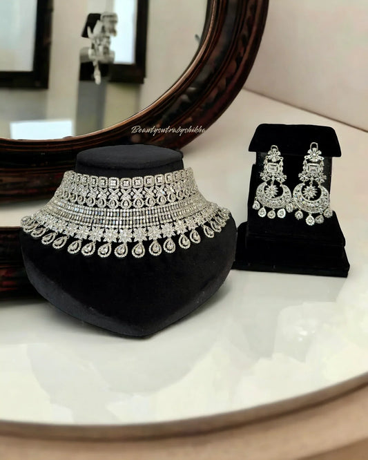 Luxury Silver Look Alike Choker & Earrings Set – Indian Bridal Jewelry | BeautySutra by Shikha - BeautySutra by Shikha