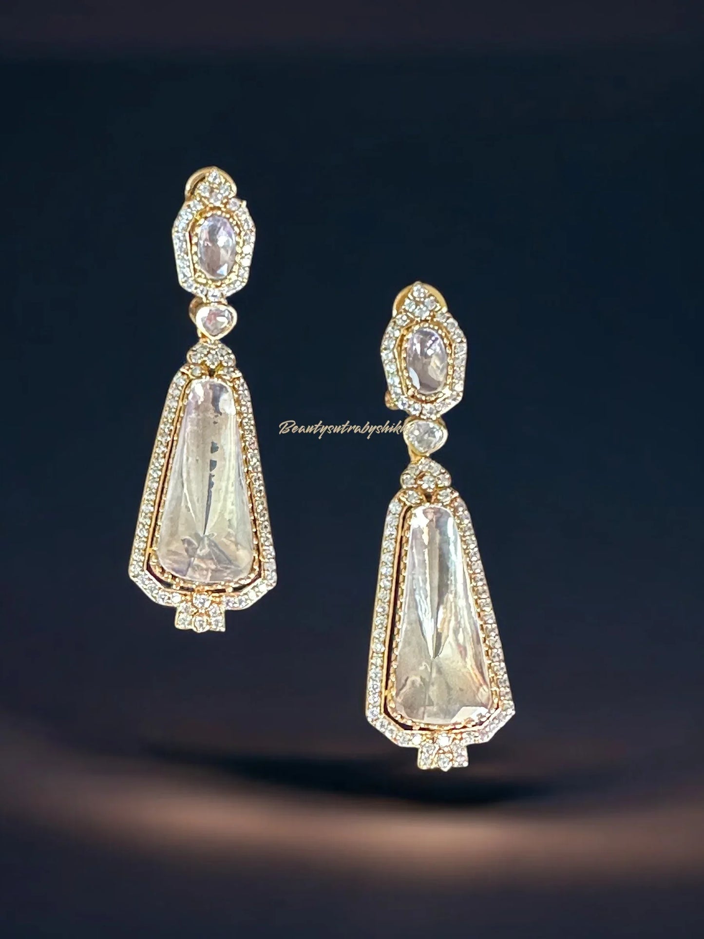 Elegant Crystal Drop Earrings with Gold Accents & CZ Halo - BeautySutra by Shikha