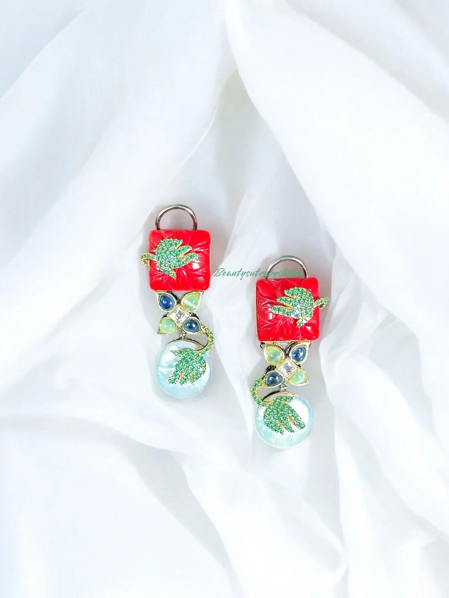 Statement Red & Pearl Drop Earrings with Enamel Leaf Detail - BeautySutra by Shikha
