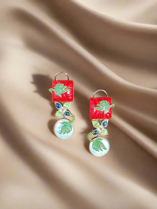 Statement Red & Pearl Drop Earrings with Enamel Leaf Detail