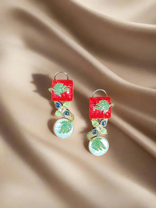 Statement Red & Pearl Drop Earrings with Enamel Leaf Detail - BeautySutra by Shikha