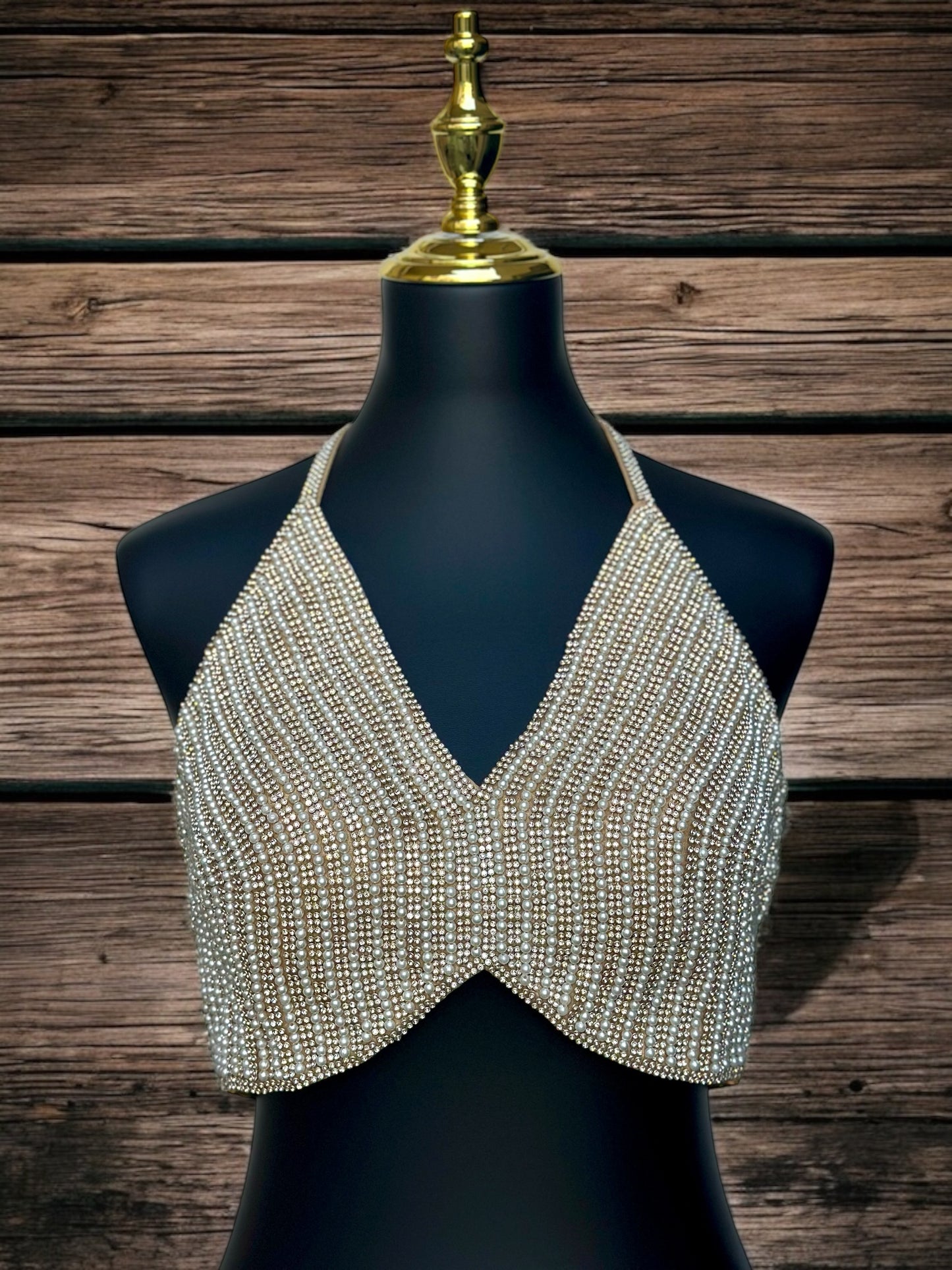 Pearl Halter Blouse – Chic Designer Crop Top for Wedding, Sangeet & Party Wear