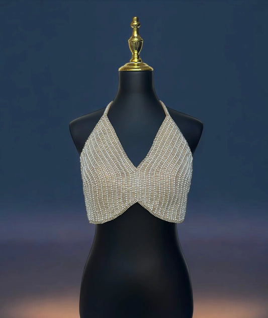 Pearl Halter Blouse β Chic Designer Crop Top for Wedding, Sangeet & Party Wear - BeautySutra by Shikha