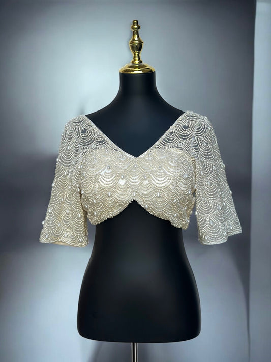 Hand-Embroidered Pearl Blouse – Designer Bridal Wear for Indian Weddings & Festive Occasions