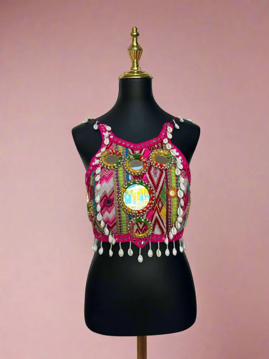 Handmade Mirror Work Crop Top | Boho Festival Choli | Tribal Belly Dance Blouse | Embroidered Kutch Top | Rajasthani Shell Top - BeautySutra by Shikha