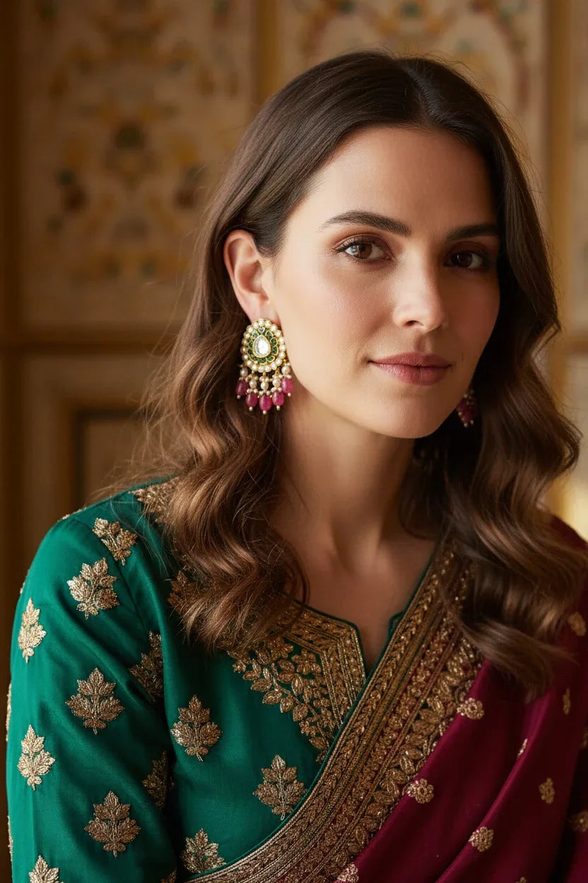 Gold Chandelier Earrings – Emerald Halo & Pearl Fringe - BeautySutra by Shikha