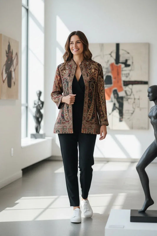 Paisley Print Woolen Ethnic Jacket for Women | Handcrafted Indo-Western Winter Jacket β BeautySutra by Shikha - BeautySutra by Shikha