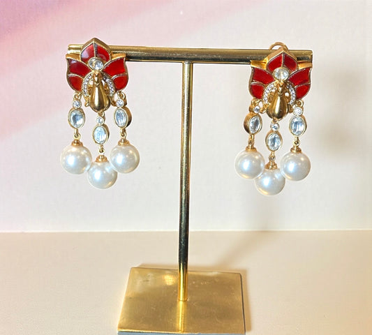 Red Lotus Pearl Dangle Earrings – Holiday Glam Jewelry | Black Friday Deal