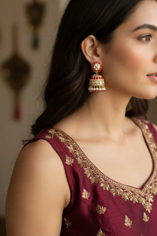 Red & Gold Crystal Jhumka Earrings with Pearls – Holiday Festive Jewelry - BeautySutra by Shikha