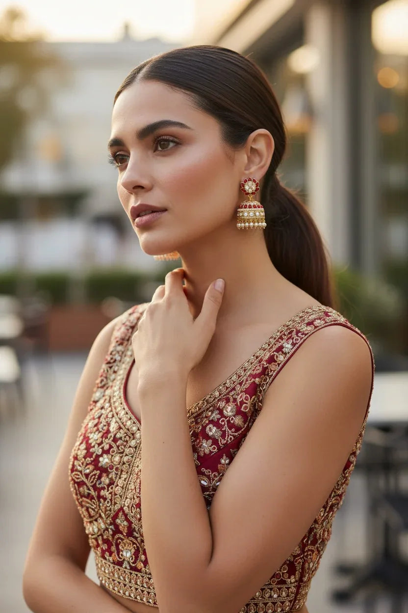 Red & Gold Crystal Jhumka Earrings with Pearls – Holiday Festive Jewelry - BeautySutra by Shikha